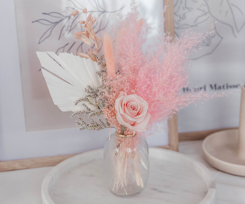 hiddenbotanicsweddings Floral Home Decorations Preserved Eternal Rose Floral Vase Arrangement / Palm Spear Bud Vase Arrangement