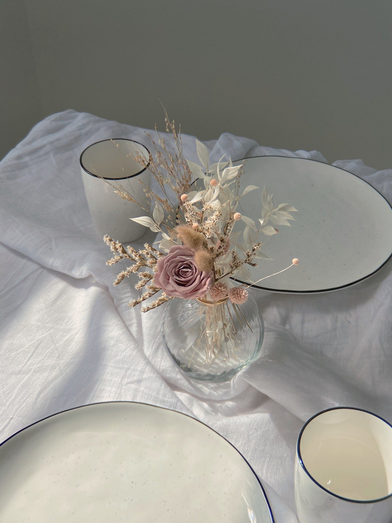 hiddenbotanicsweddings Floral Home Decorations Preserved Eternal Rose Floral Vase Arrangment / Bleached Ruscus / Sea Lavender