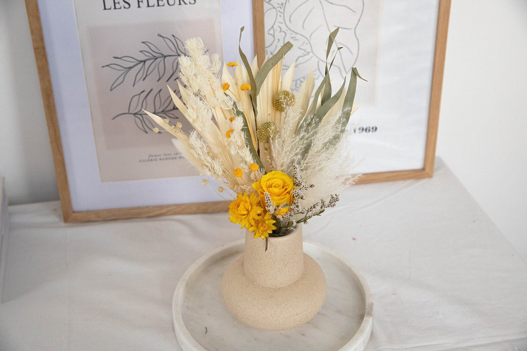 hiddenbotanicsweddings Floral Home Decorations Preserved Eternal Yellow Rose Floral Vase Arrangement / Sun Palm And Eucalyptus