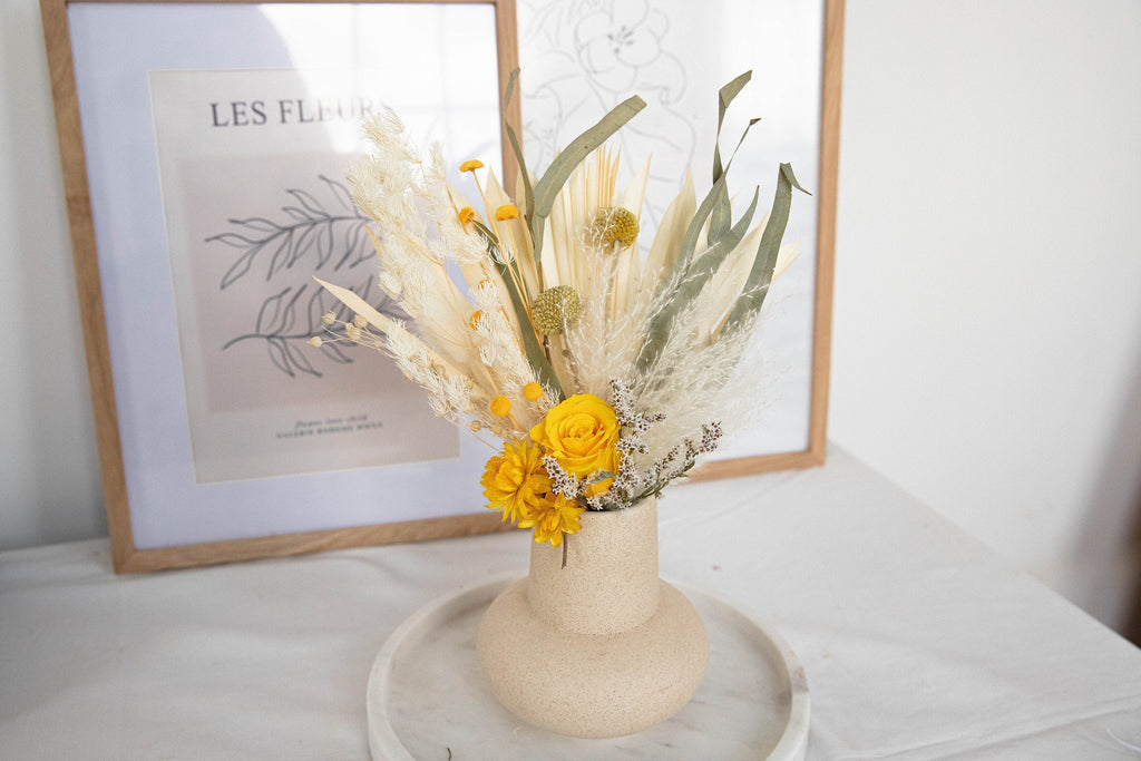 hiddenbotanicsweddings Floral Home Decorations Preserved Eternal Yellow Rose Floral Vase Arrangement / Sun Palm And Eucalyptus
