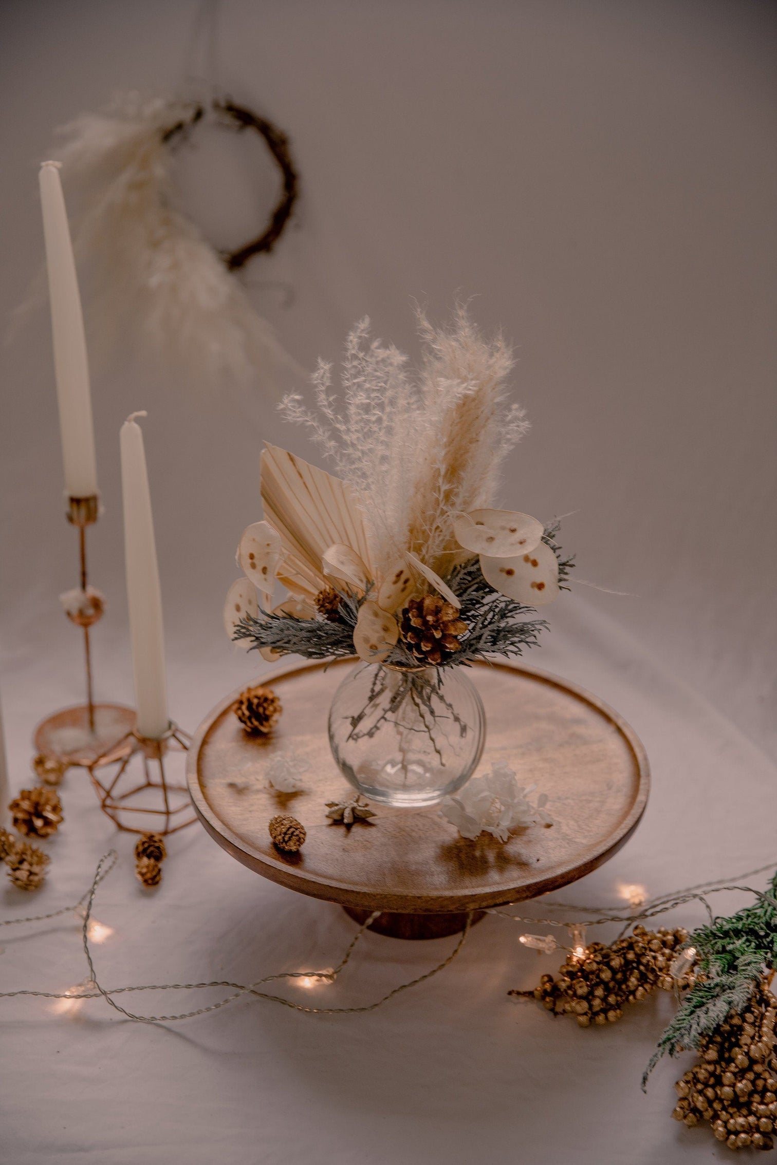 hiddenbotanicsweddings Floral Home Decorations Preserved Gold Pine Cones Bud Vase Arrangement / Dusty Pine Leaves & Dried Palm Spear Floral Vase Arrangement / Christmas Decoration