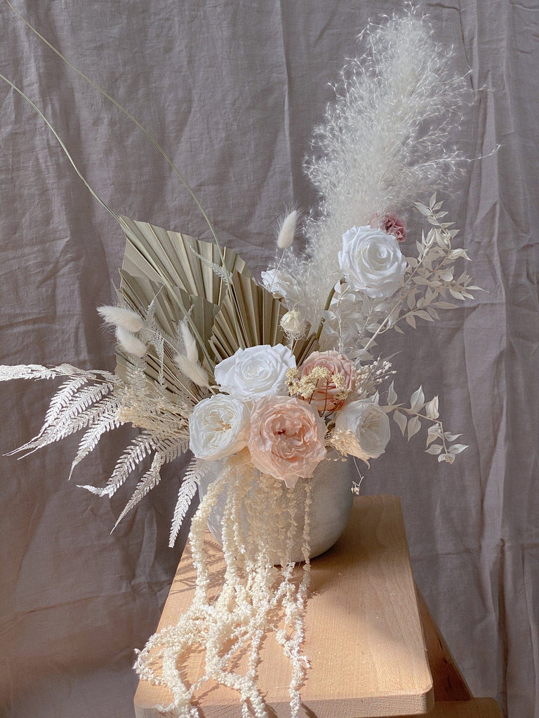 hiddenbotanicsweddings Floral Home Decorations White Pampas Grass Preserved English Rose Floral Vase Arrangment / Palm Spear Eternal Blooms / Preserved Fern Dried Grasses Home Decor