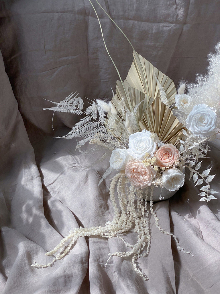 hiddenbotanicsweddings Floral Home Decorations White Pampas Grass Preserved English Rose Floral Vase Arrangment / Palm Spear Eternal Blooms / Preserved Fern Dried Grasses Home Decor