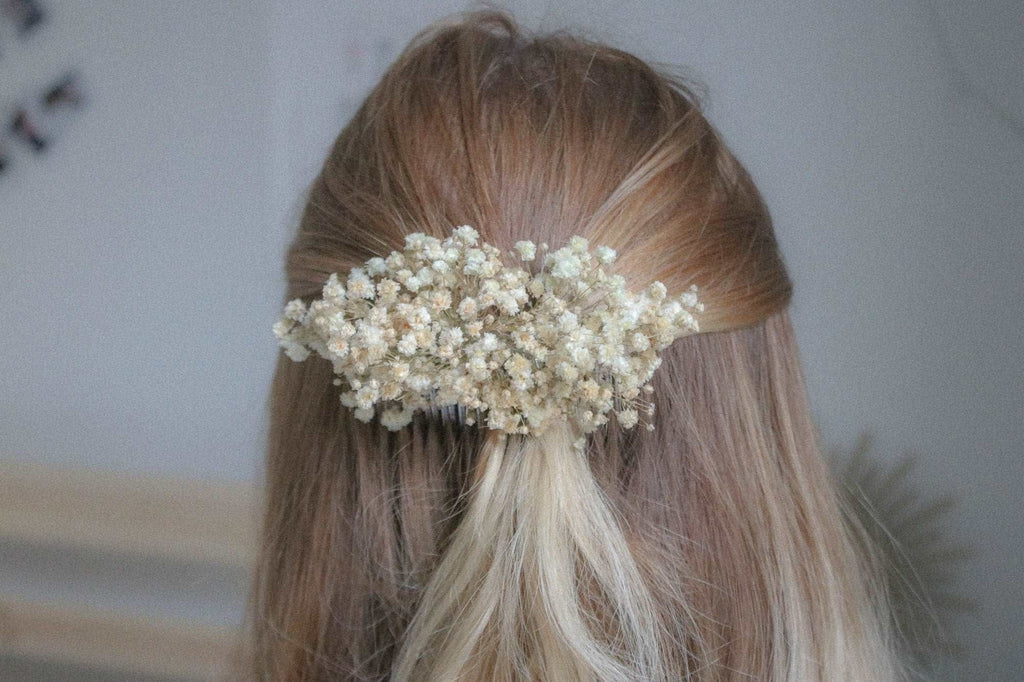 hiddenbotanicsweddings Hair Combs Baby's breath flower comb, hair comb, Baby's Breath hair slides, Gypsophila Bridal Comb, Dried Flowers, Boho weddings