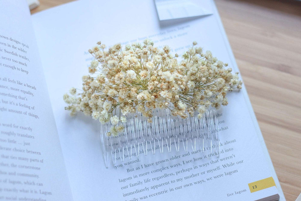 hiddenbotanicsweddings Hair Combs Baby's breath flower comb, hair comb, Baby's Breath hair slides, Gypsophila Bridal Comb, Dried Flowers, Boho weddings