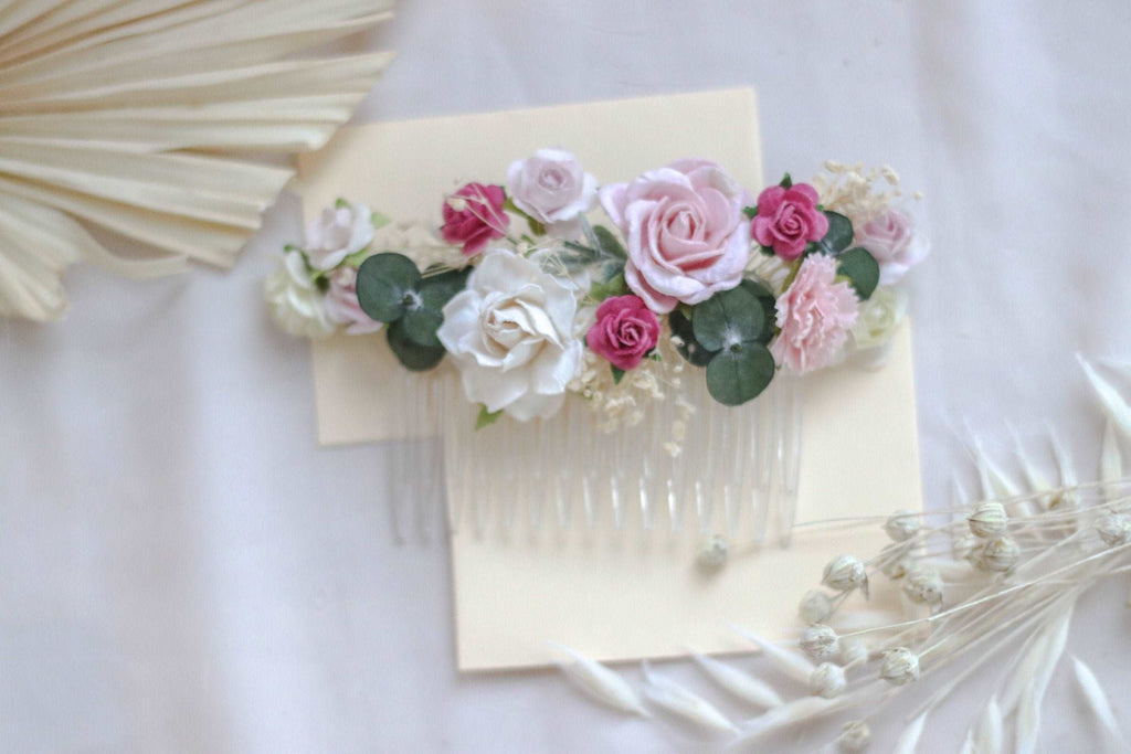 hiddenbotanicsweddings Hair Combs Blush Pink, White Mulberry Paper Rose Wedding Comb with eucalyptus