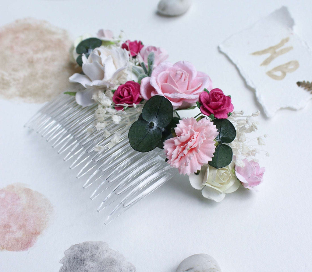 hiddenbotanicsweddings Hair Combs Blush Pink, White Mulberry Paper Rose Wedding Comb with eucalyptus