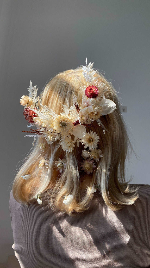 hiddenbotanicsweddings Hair Combs Boho Flower Comb / Pastel Red & Cream Bridal Comb