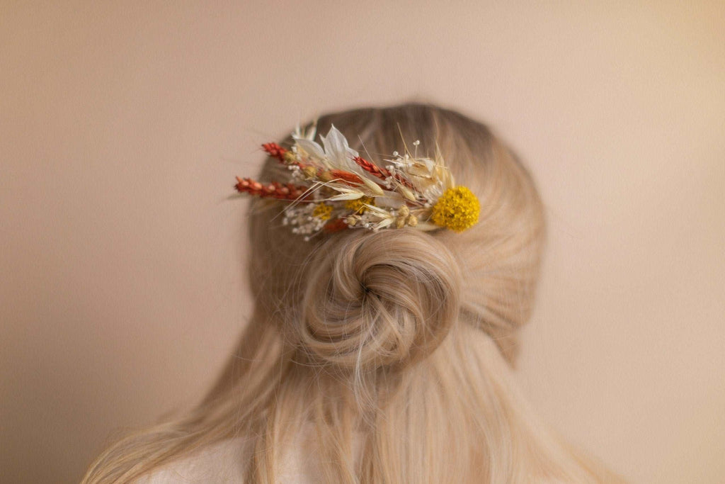hiddenbotanicsweddings Hair Combs Burnt Orange & Yellow Hair Comb / Bridal Wedding Flower Set
