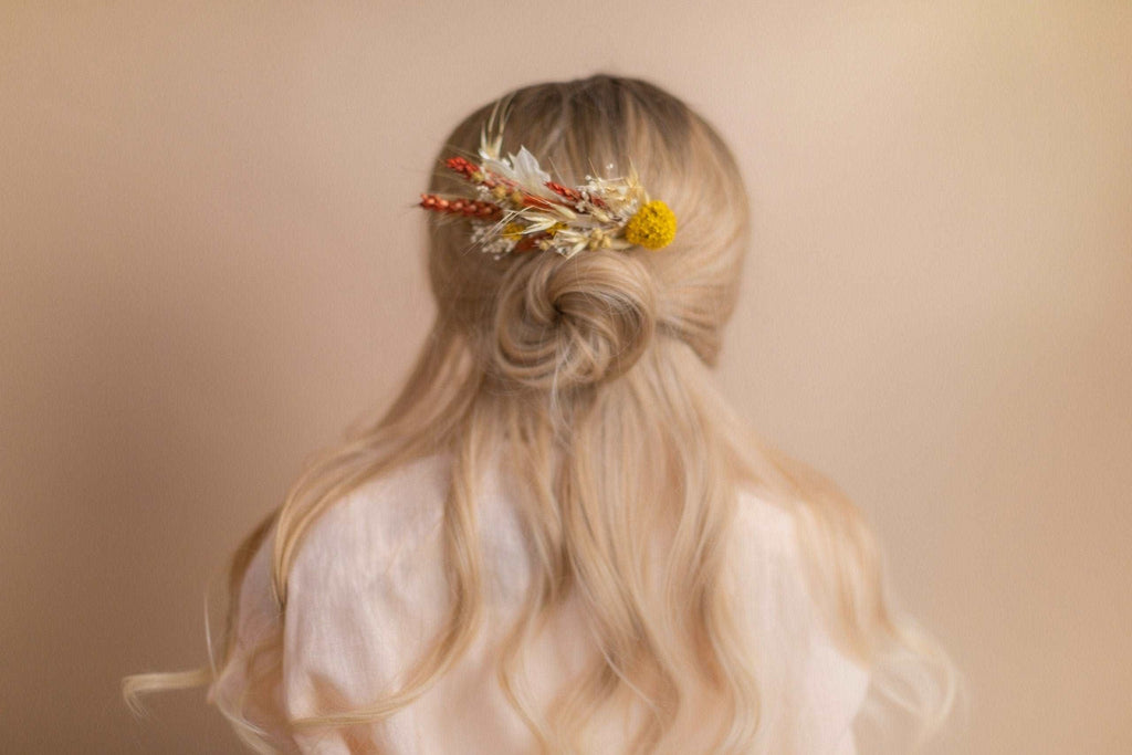 hiddenbotanicsweddings Hair Combs Burnt Orange & Yellow Hair Comb / Bridal Wedding Flower Set