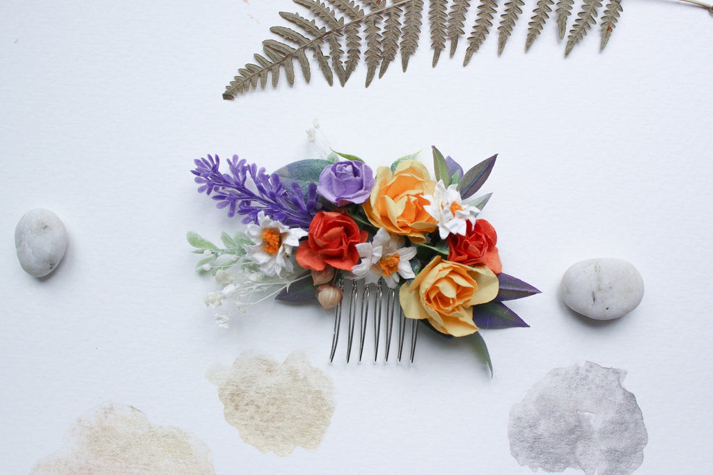 hiddenbotanicsweddings Hair Combs Colourful "Primavera" Mulberry Paper Rose Wedding Comb with artificial lavender and ruscus