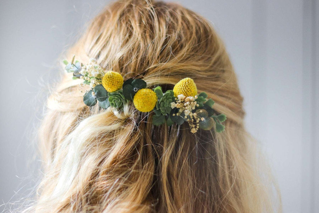 hiddenbotanicsweddings Hair Combs Craspedia - Billy Ball Flowers Wedding Comb with Eucalyptus and Dried Baby's breath, Bridal Comb
