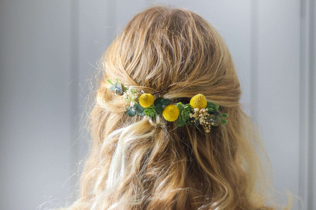 hiddenbotanicsweddings Hair Combs Craspedia - Billy Ball Flowers Wedding Comb with Eucalyptus and Dried Baby's breath, Bridal Comb