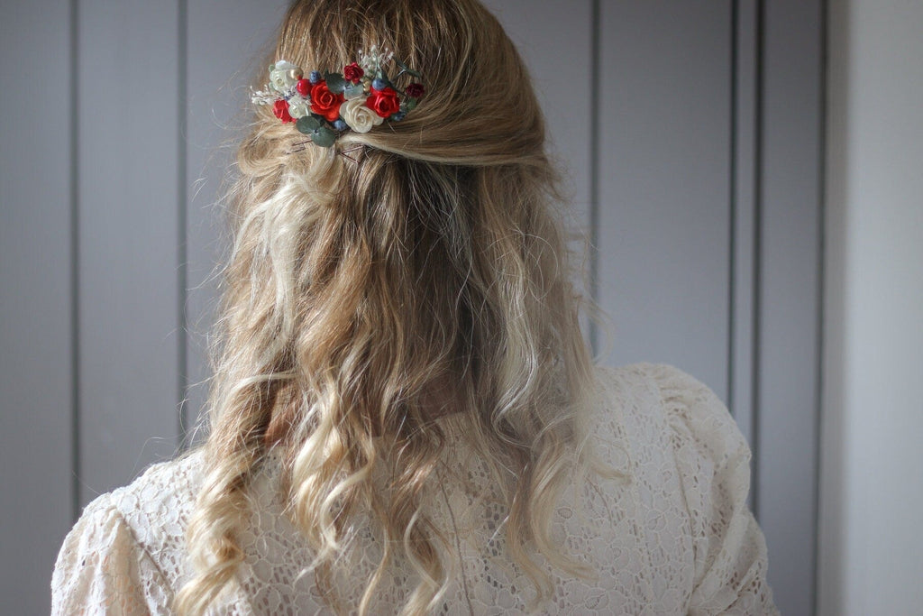 hiddenbotanicsweddings Hair Combs Eucalyptus comb, Bridal Comb with Red-Burgundy White Mulberry Paper Roses, Wedding Comb, Boho Bridal Comb