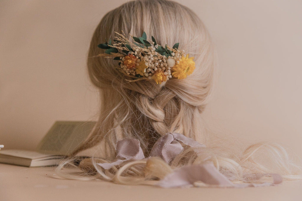hiddenbotanicsweddings Hair Combs Eucalyptus & Yellow Straw Flowers Hair Comb / Bridal Boho Wedding Comb