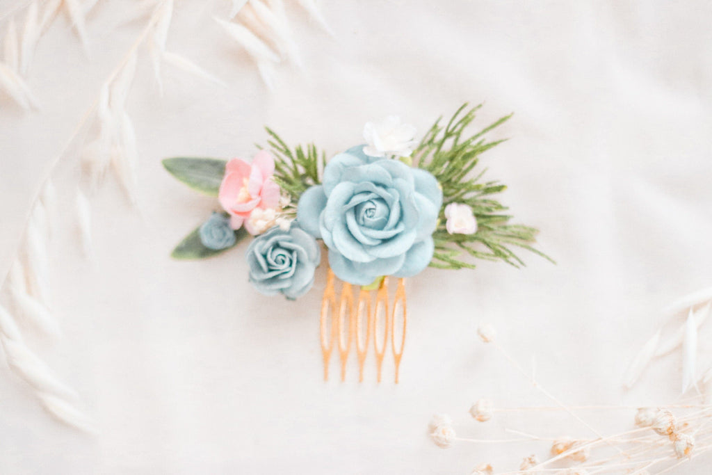 hiddenbotanicsweddings Hair Combs Flower Hair Comb / Blue Mulberry Paper Rose Wedding Comb