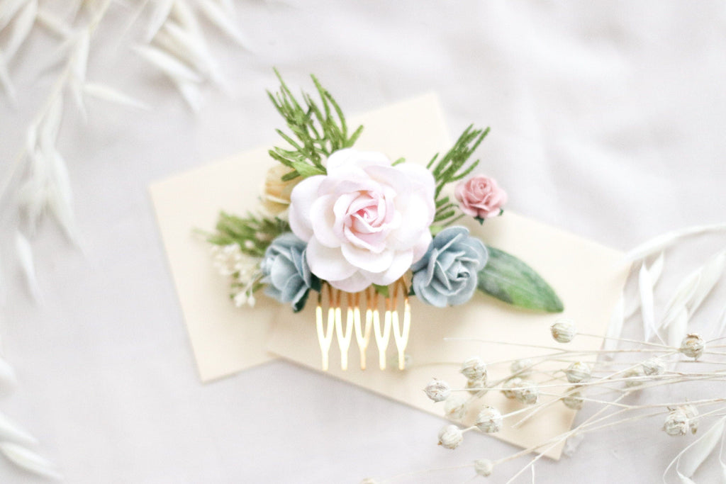 hiddenbotanicsweddings Hair Combs Flower Hair Comb / Blush Pink Mulberry Paper Rose Wedding Comb