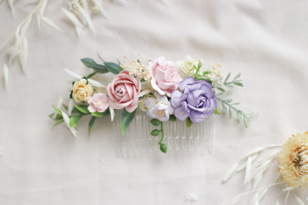 hiddenbotanicsweddings Hair Combs Flower Hair Comb / Purple, Peach Mulberry Paper Rose Wedding Comb