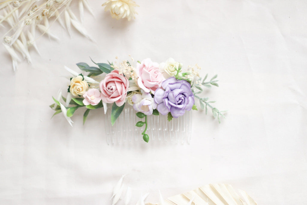 hiddenbotanicsweddings Hair Combs Flower Hair Comb / Purple, Peach Mulberry Paper Rose Wedding Comb