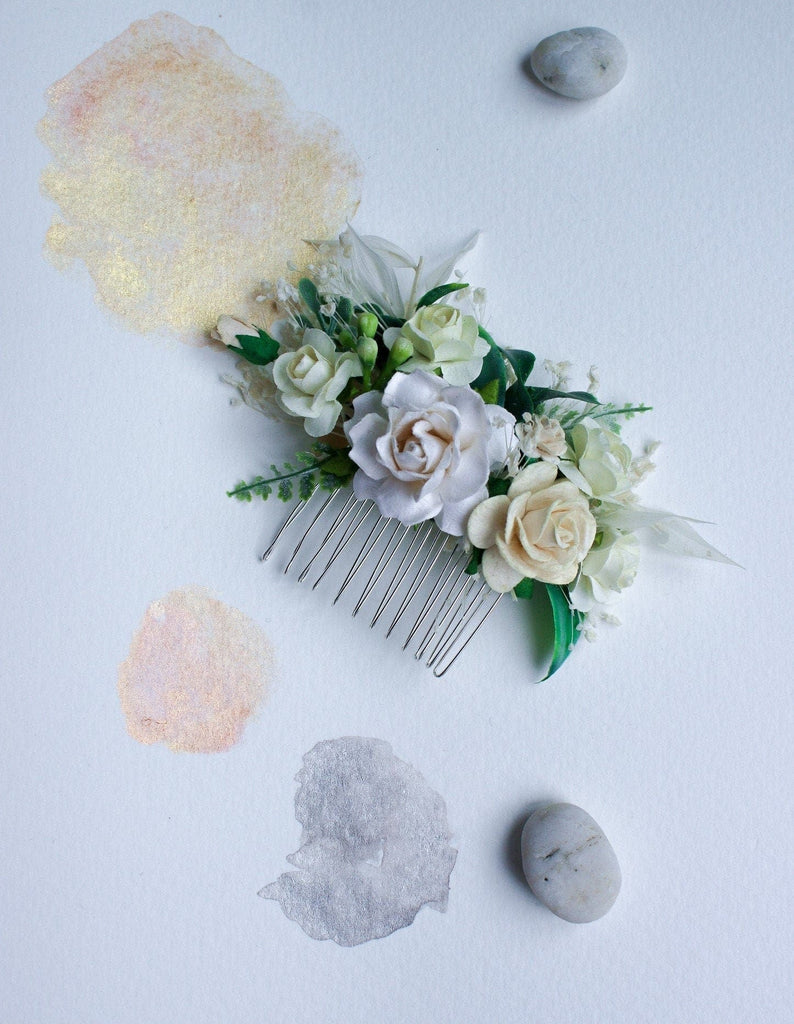 hiddenbotanicsweddings Hair Combs Off White, Cream Mulberry Paper Rose Wedding Comb, Bridal Hair Comb
