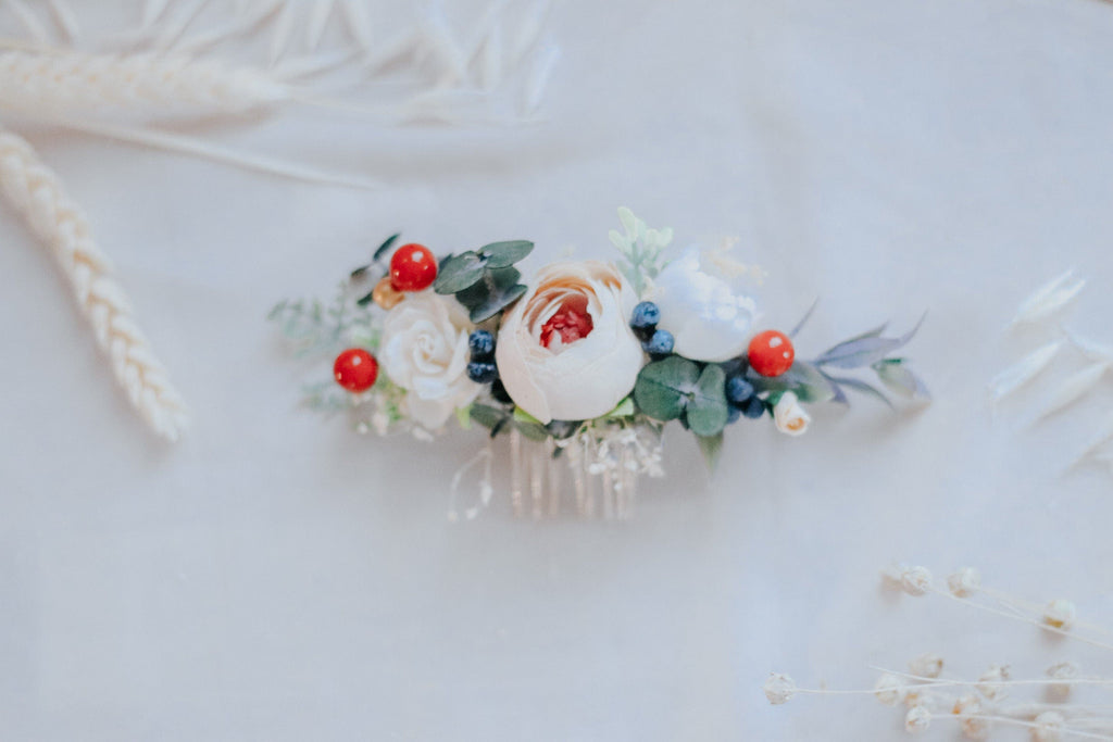 hiddenbotanicsweddings Hair Combs Peach Peony Bridal Comb with White Mulberry Paper Roses, Wedding Comb, Boho Bridal Comb