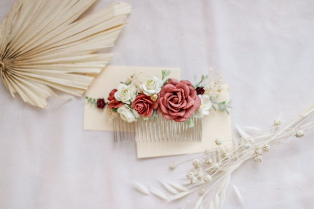 hiddenbotanicsweddings Hair Combs Red, Burgundy White Mulberry Paper Rose Wedding Comb, Boho Bridal Comb