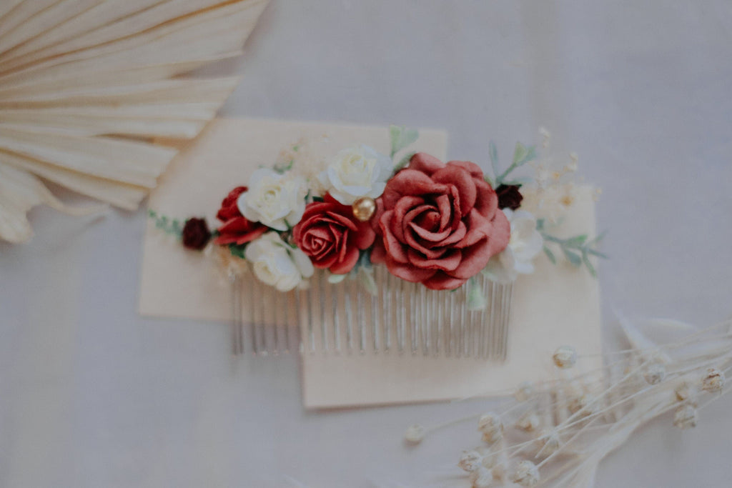 hiddenbotanicsweddings Hair Combs Red, Burgundy White Mulberry Paper Rose Wedding Comb, Boho Bridal Comb