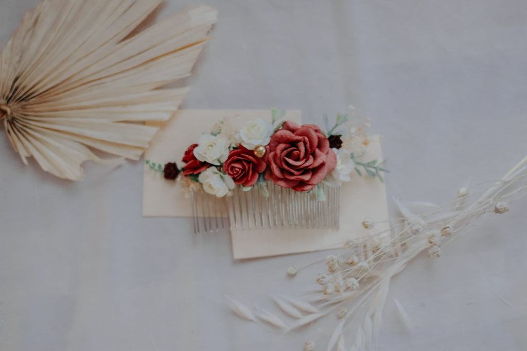 hiddenbotanicsweddings Hair Combs Red, Burgundy White Mulberry Paper Rose Wedding Comb, Boho Bridal Comb