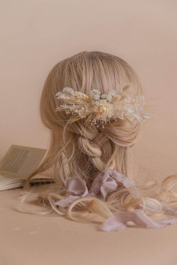 hiddenbotanicsweddings Hair Combs White Statice & Straw Flowers Hair Comb / Bridal Boho Wedding Comb