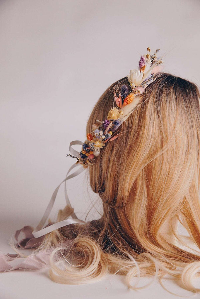 hiddenbotanicsweddings Hair Crowns All Pastel Colors Wildflfower Boho Crown / Phalaris, Flax Seed and Bunny Tails Dried Flowers