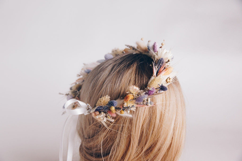 hiddenbotanicsweddings Hair Crowns All Pastel Colors Wildflfower Boho Crown / Phalaris, Flax Seed and Bunny Tails Dried Flowers