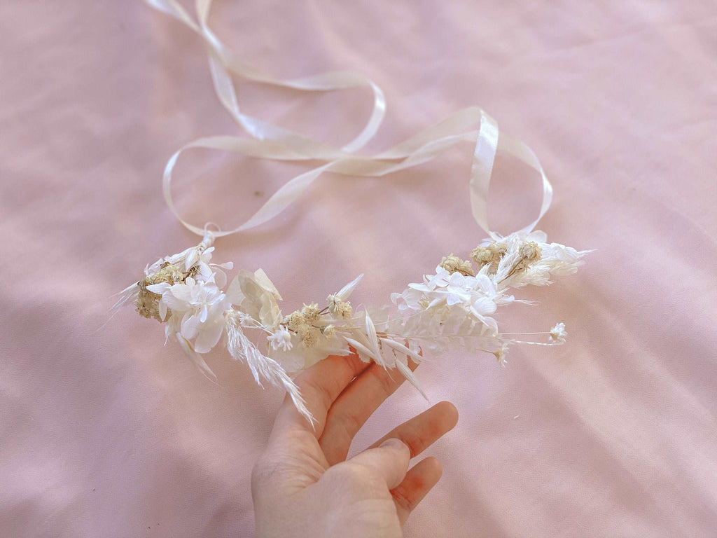 hiddenbotanicsweddings Hair Crowns All White Hydrengea Wedding Half Crown / Baby's Breath Dried Grasses Crown / Dried Flower Crown / Boho Bridal Crown
