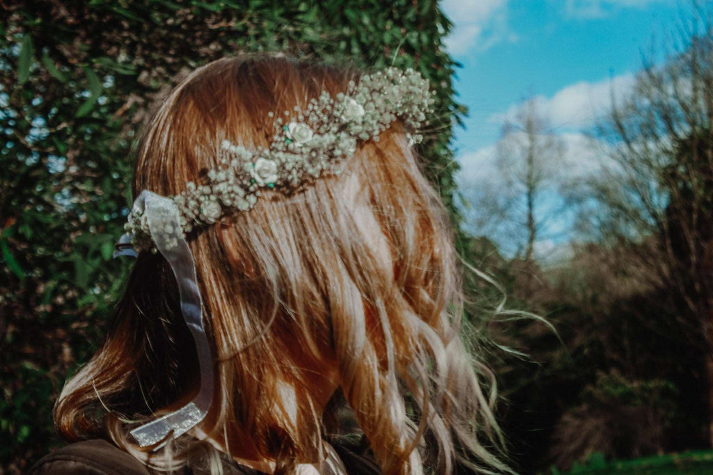 hiddenbotanicsweddings Hair Crowns Baby's Breath and Ivory Dainty Roses Crown, Dainty Wreath, Dainty Rose Crown, Dainty Dried Flower Wreath, Whimsical Forest Crown