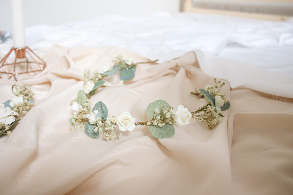 hiddenbotanicsweddings Hair Crowns Baby's Breath & Eucalyptus Flower Crown Bridal Set, Baby's Breath