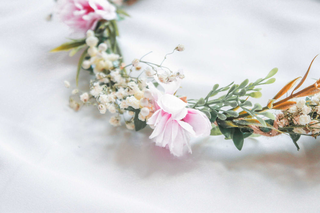 hiddenbotanicsweddings Hair Crowns Baby's breath Flower Crown, with Blush Pink Cherry Blossoms, wedding wreath, gypsophila wedding crown, boho flower crown