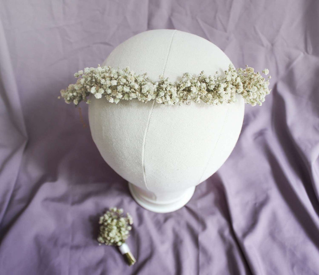 hiddenbotanicsweddings Hair Crowns Baby's Breath Veil Crown, Boho White Wedding Crown, Rustic Flower Crown, Dried Flower Crown