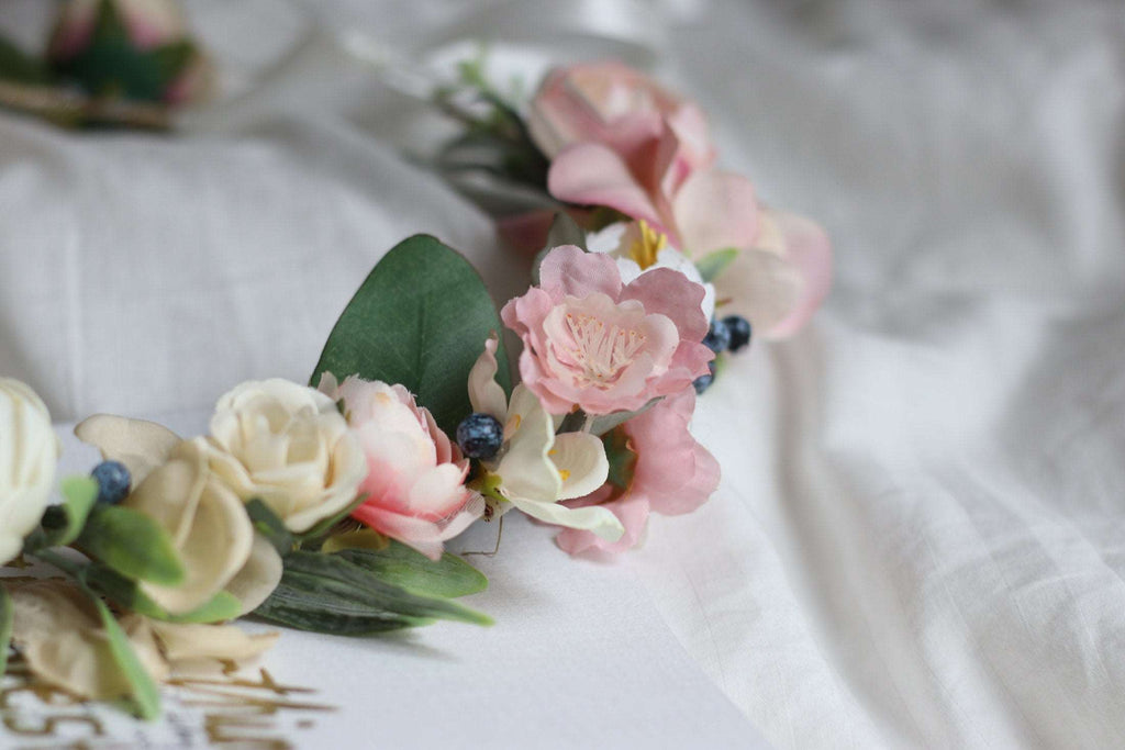 hiddenbotanicsweddings Hair Crowns Blush Pink Paper Rose and Silk Cherry Blossom Crown