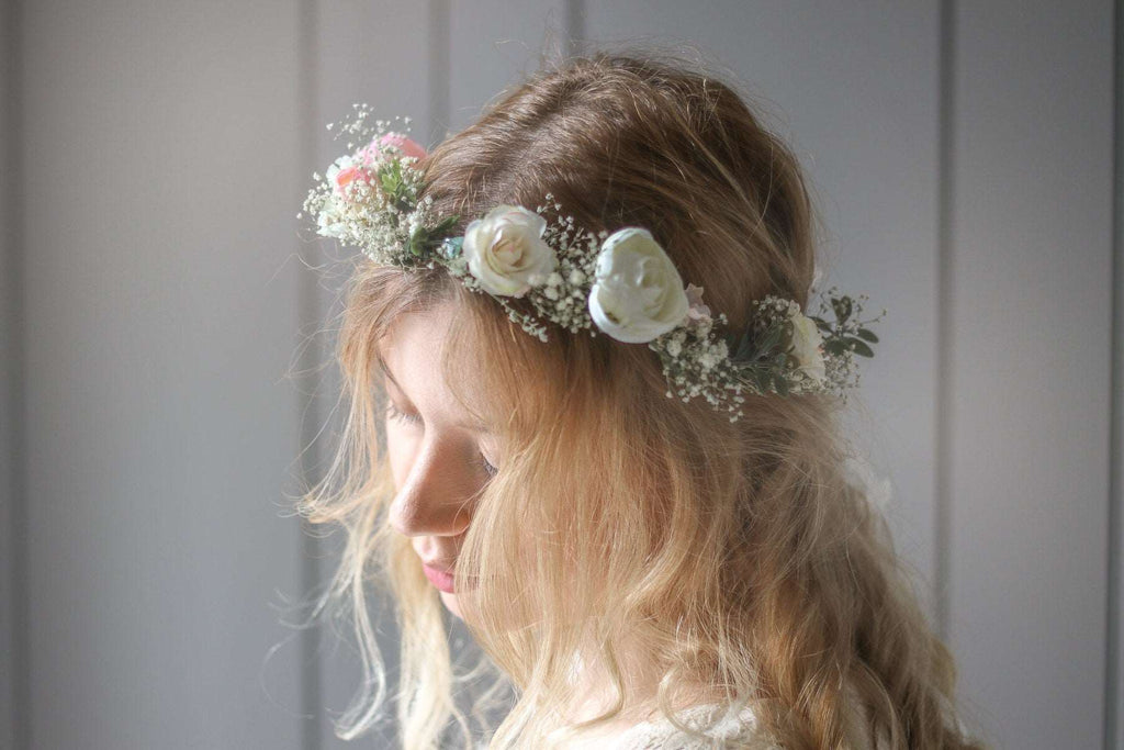 hiddenbotanicsweddings Hair Crowns Blush Pink Peony and Little Baby's Breath Bridal Flower Crown with silk roses