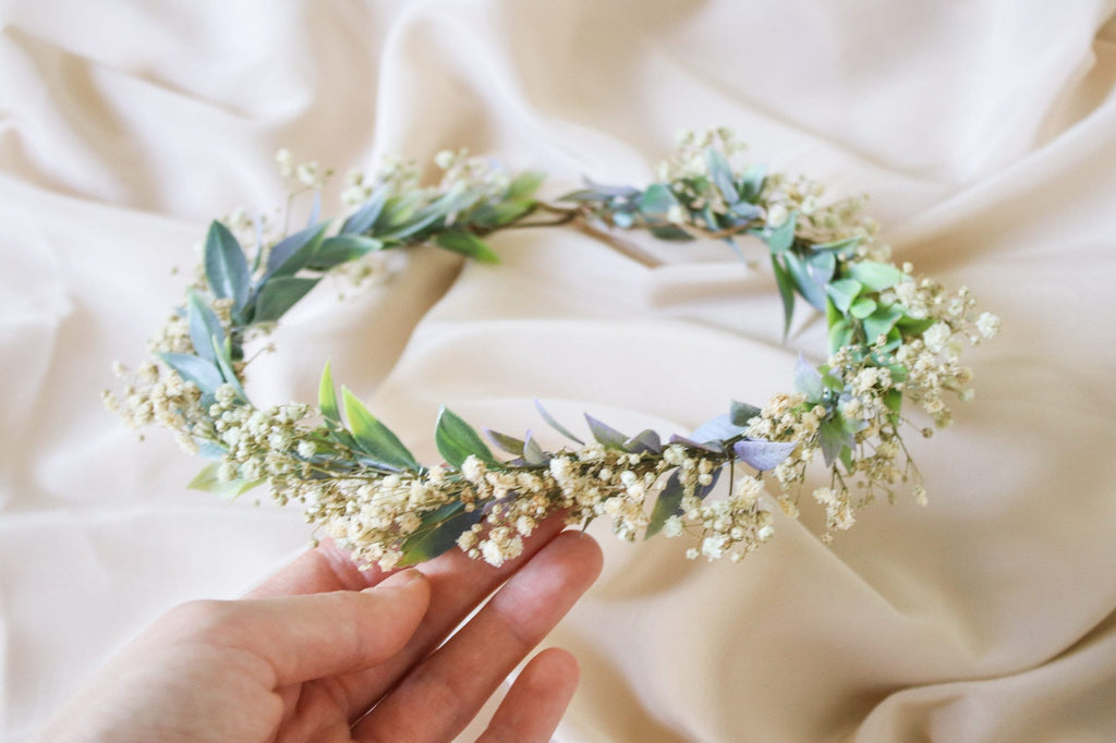 hiddenbotanicsweddings Hair Crowns Boho Flower Wreath, Baby's Breath Flower Crown, Woodland Flower Crown, Rustic Forest Herbs, Boxwood Wedding Crown, Bride Crown, Green Crown