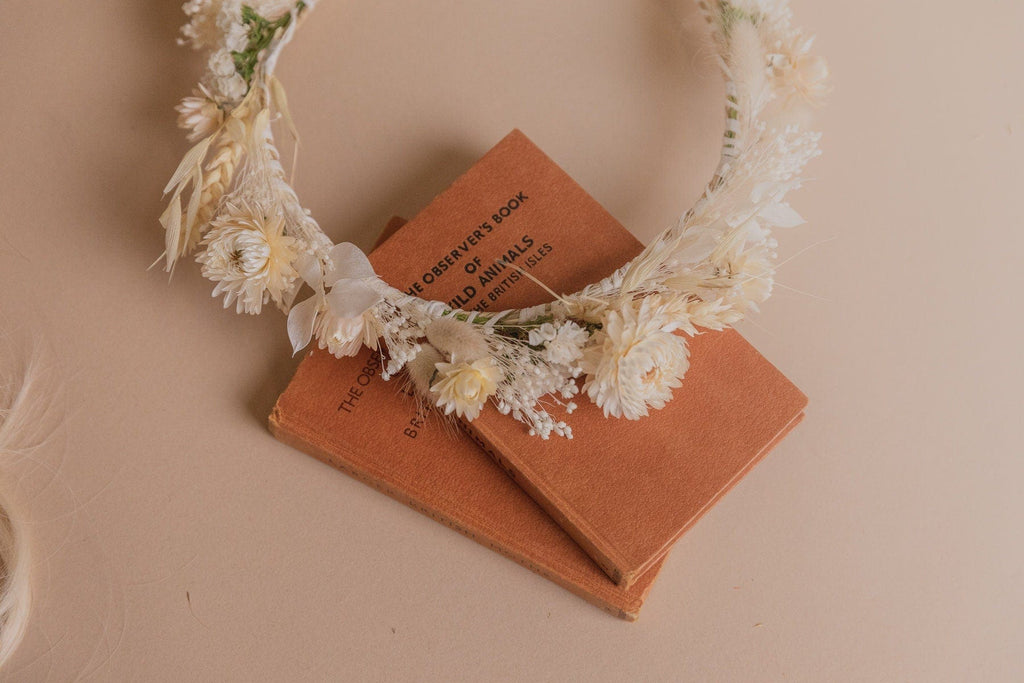 hiddenbotanicsweddings Hair Crowns Cream Straw Flowers and Statice Crown / Broom Bloom Dried Grasses Crown / Dried Flower Crown / Boho Bridal Crown