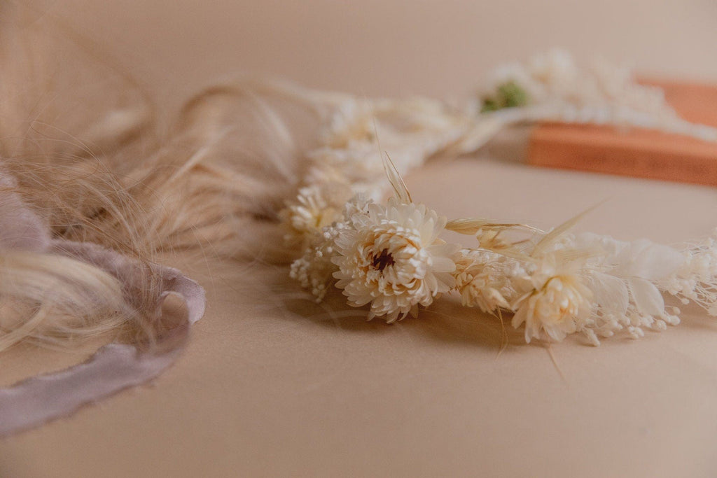 hiddenbotanicsweddings Hair Crowns Cream Straw Flowers and Statice Crown / Broom Bloom Dried Grasses Crown / Dried Flower Crown / Boho Bridal Crown