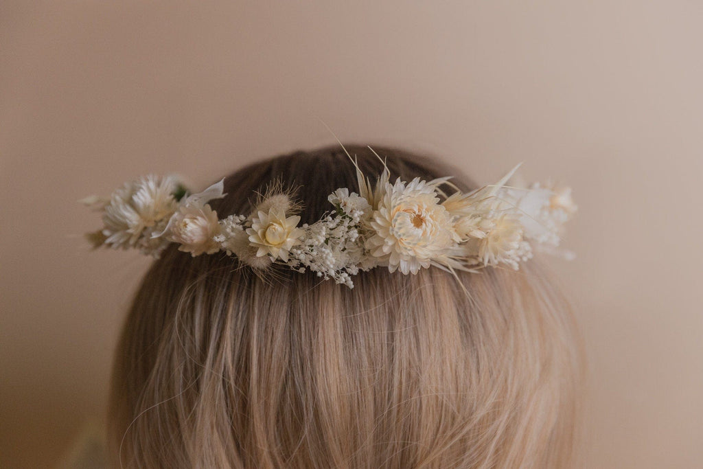 hiddenbotanicsweddings Hair Crowns Cream Straw Flowers and Statice Crown / Broom Bloom Dried Grasses Crown / Dried Flower Crown / Boho Bridal Crown