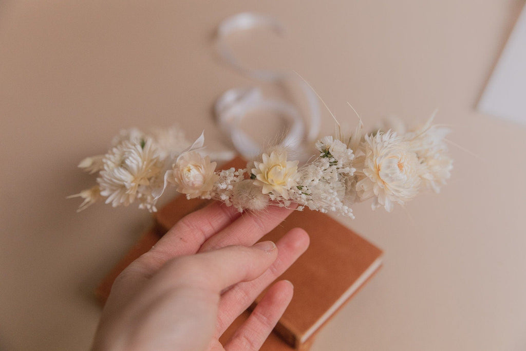 hiddenbotanicsweddings Hair Crowns Cream Straw Flowers and Statice Crown / Broom Bloom Dried Grasses Crown / Dried Flower Crown / Boho Bridal Crown