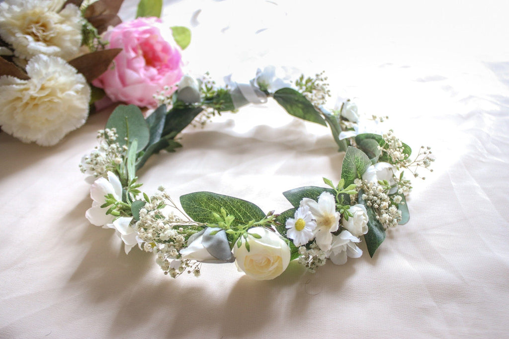 hiddenbotanicsweddings Hair Crowns Dried Baby's Breath, Silk Daisy and Eucalyptus Wedding Crown with small white roses