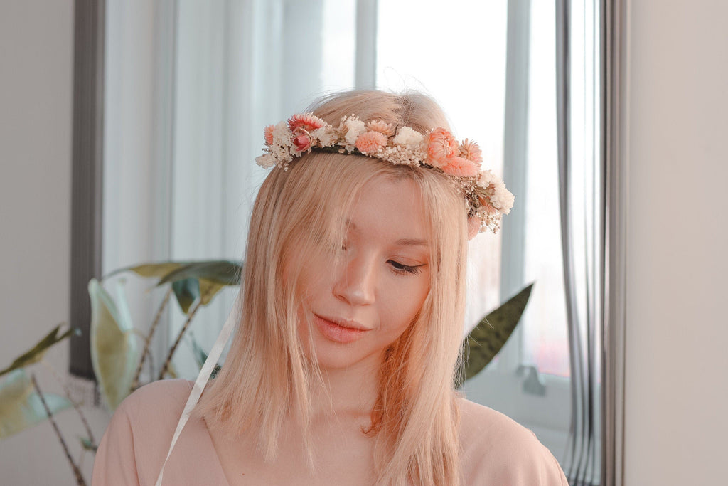 hiddenbotanicsweddings Hair Crowns Dried Flower Crown , Blush Pink Cream Real Dried Flower Crown, Boho Flower Crown