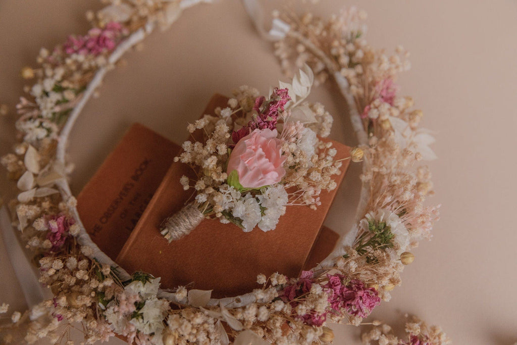 hiddenbotanicsweddings Hair Crowns Dried Gypsophila & Pink Details Bridal Boho Wedding Crown / Real Dried Flower Crown / Boho Flower Crown