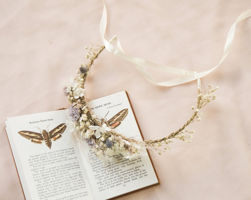 hiddenbotanicsweddings Hair Crowns Hydrangea Wedding Half Crown / Baby's Breath Dried Grasses Crown / Dried Flower Crown / Boho Bridal Crown