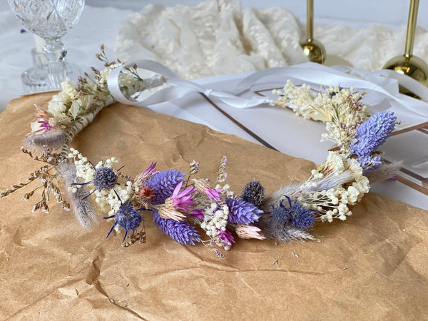 Hair wreath MILA dried and preserved flower Blue flower accessory for boho hairstyle bride handmade with preserved hydrangea saving and eucalyptus