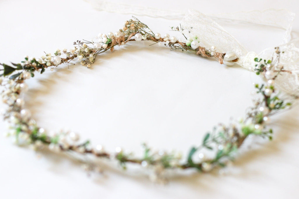 hiddenbotanicsweddings Hair Crowns Minimalist Bridal Ivy Crown with Wild Forest Herbs & Pearls, Bridal Hair Boho Weddings, Rustic Weddings, Romantic