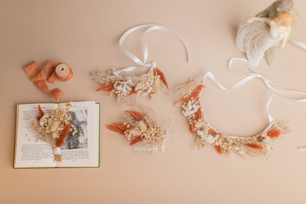 hiddenbotanicsweddings Hair Crowns Natural Gypsophila & Burnt Orange Hair Crown Wedding Boho Set / Wedding Dried Flowers